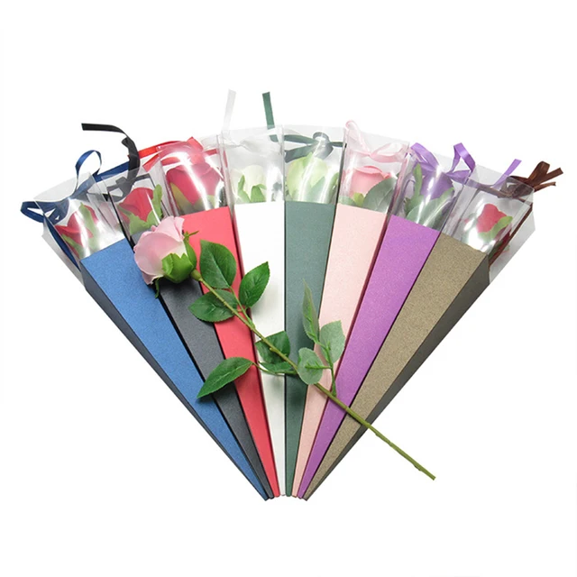 PVC Foldable Flower Gift Box Single Flower Packaging Paper Box Transparent Bouquet Packaging Material