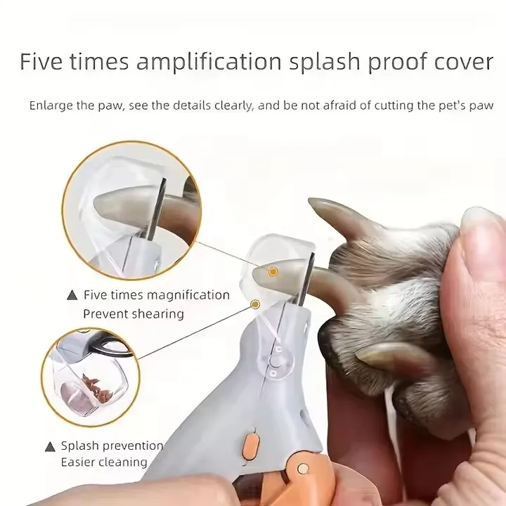 Illuminated Pet Nail Clippers with LED Light & Magnifier - Safety Claw Trimmer for Dogs & Cats - Lightweight Plastic Handle - Grey/Orange in Retail Box