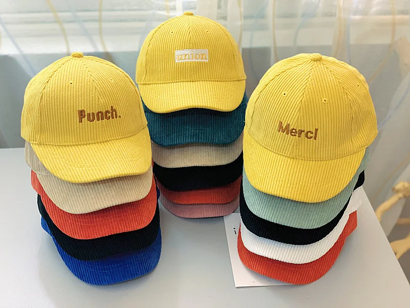Korean autumn and winter baby corduroy peaked cap children alphabet casual hat trendy boys personality short brim baseball cap