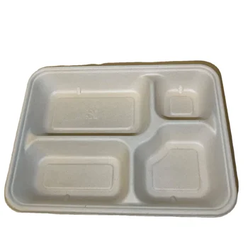 100% Compostable Middle 4Compartment Bagasse Take Out Food Containers, Made from Eco-Friendly and Biodegradable Sugarcane Fibers