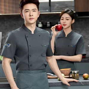 Four Seasons Hotel Men's Women's Kitchen Canvas Short-Sleeved Elastic Chef Work Clothes for Western Cake Restaurants for Cooking