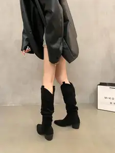 Luxury Calfskin Horse Bit Square Heel Autumn Winter Flat Fashion Boots with Satin Waistline Breathable Party Style