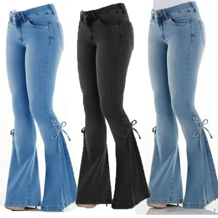 2019 Women's Jeans Middle Waist Lace Up Denim Pants Elastic Jeans - Buy ...