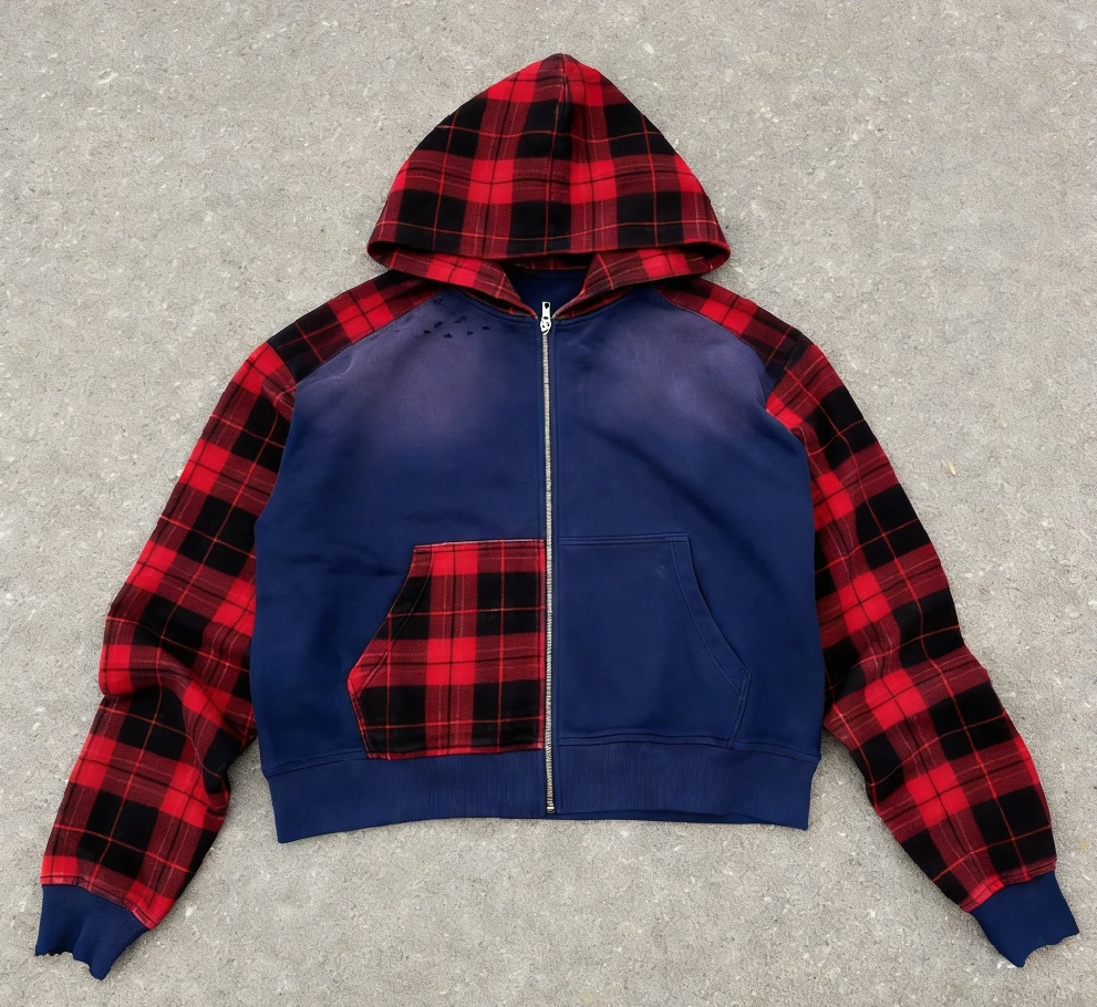 Custom Logo 100% Cotton Patchwork Color Block Zip up Check Plaid Cropped Acid Washing Sun Faded Zip up Hoodie for Men