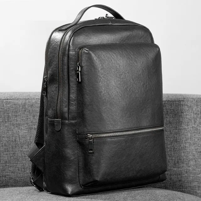 Stylish Casual Men's Black Backpack Genuine Leather Large Capacity Business Laptop Bag Waterproof New Stock Wholesale