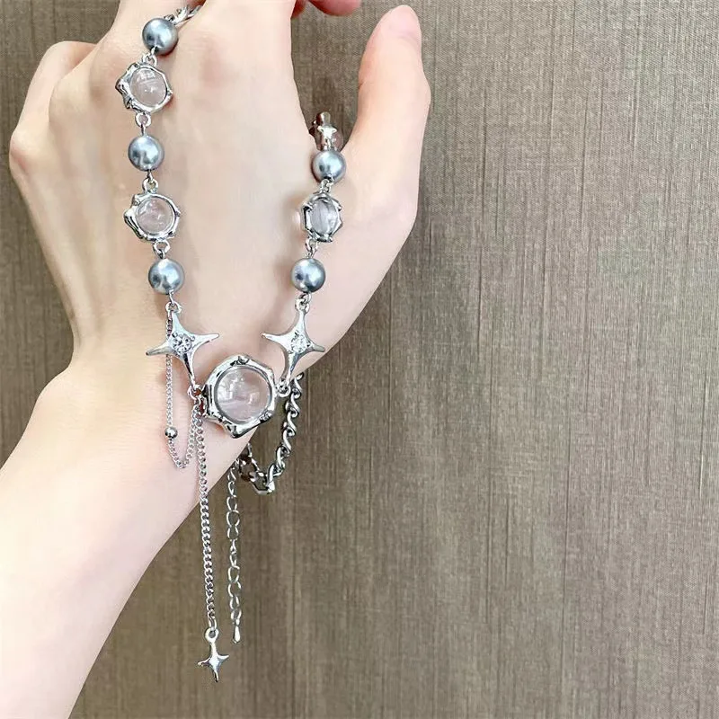 ZooYing Exquisite Moonlight Stone Set with Diamond Four Star Pendant Necklace Fashion Baroque Choker Jewelry for Women