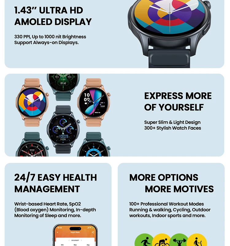 Zeblaze Btalk 3 Pro AMOLED Display Hi-Fi Bluetooth Phone Calls Health and Fitness Tracking Smart Watch
