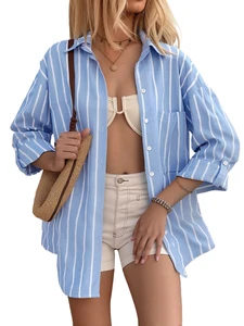 2025 for Europe United States Cross-Border Women's Summer Casual Striped Long Sleeve Shirt Loose Fit Button Thin Coat