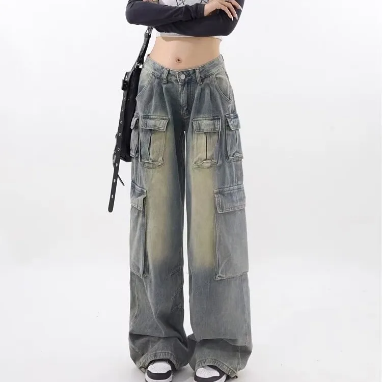 ODM Supply High-Waist Multi-Pocket Cargo Pants Vintage Bleached Jean Denim Trousers Light Washed Woven Summer Pants for Women