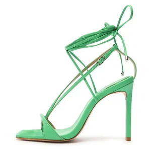 Sexy Ladies Footwear Square Toe Womens Lace up Heels 2021 Strappy Heeled Barely There Sandals