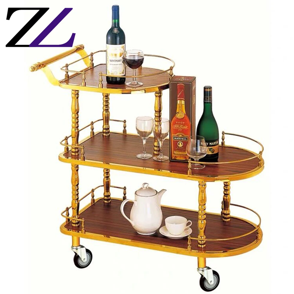 Beauty dining room hand luxury wood gold food tea cake dessert sweet service cart trolley for 3 tier bar hotel wooden trolley
