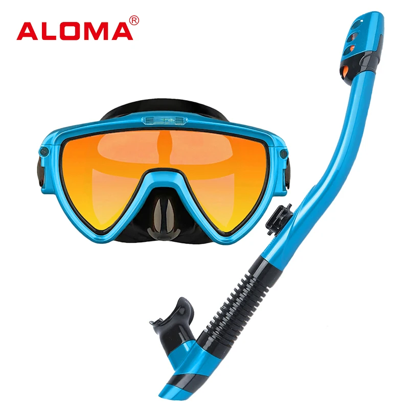 Aloma New coated Tempered Glass single lens scuba diving gear masks Dry Top snorkeling set and Snorkel for adults