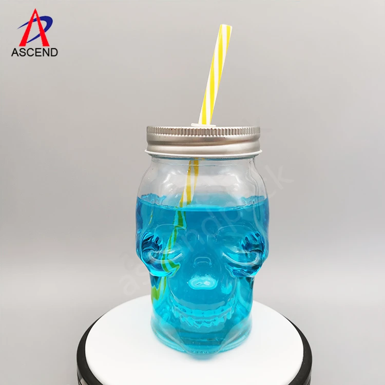 Custom Colored Skull Shape Glass Mason Jar 16OZ 500ml Glass Jar with Screw Metal Lid and Straw for Drinking