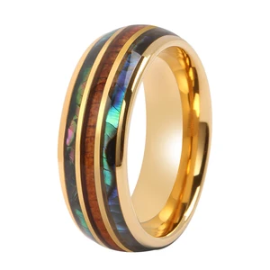 8mm Fashionable Jewelry Abalone Shell Hawaiian Koa Wood 18K Yellow Gold Tungsten Mens Wedding Bands
