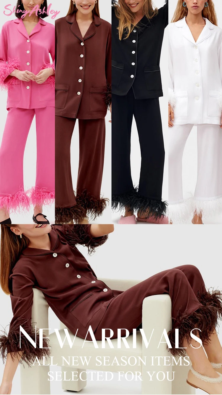 Comfortable Satin Pajamas For Women Long Feather Sleeve Button Down Pjs