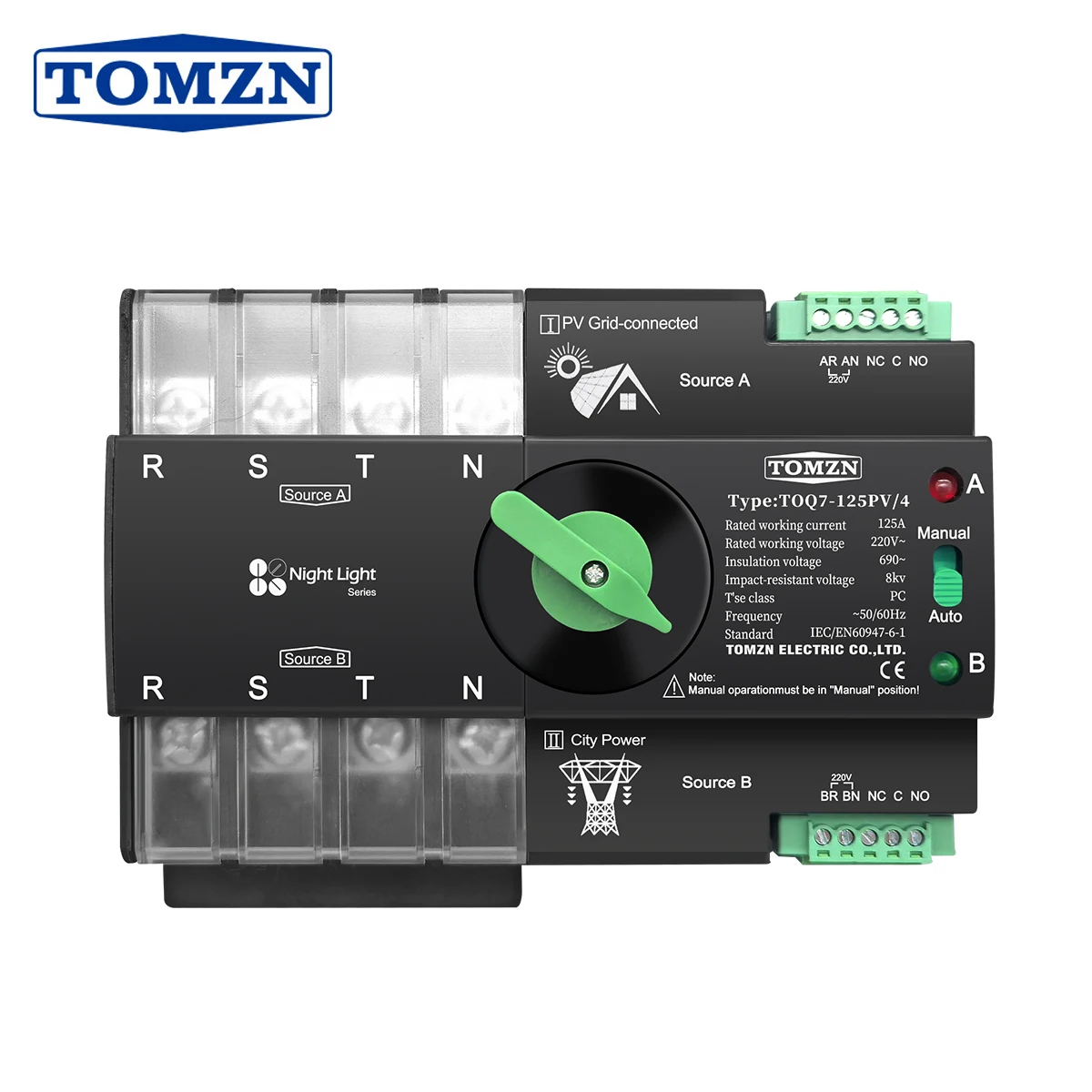 TOMZN Din Rail 3 phase ATS 4P 63A 100A 125A 230V Dual Power Automatic Transfer Electrical Selector Switch Uninterrupted TOQ7
