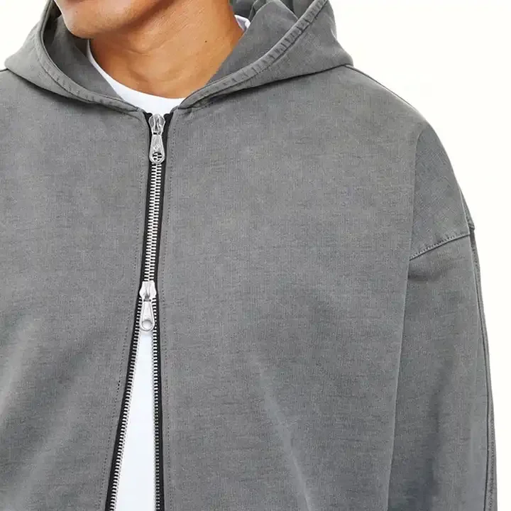 JL1214B French Terry Hoodie Washed Grey Hoodie High Quality Oversized Vintage Acid Wash Full Zip up Puff Printing Hoodie Men