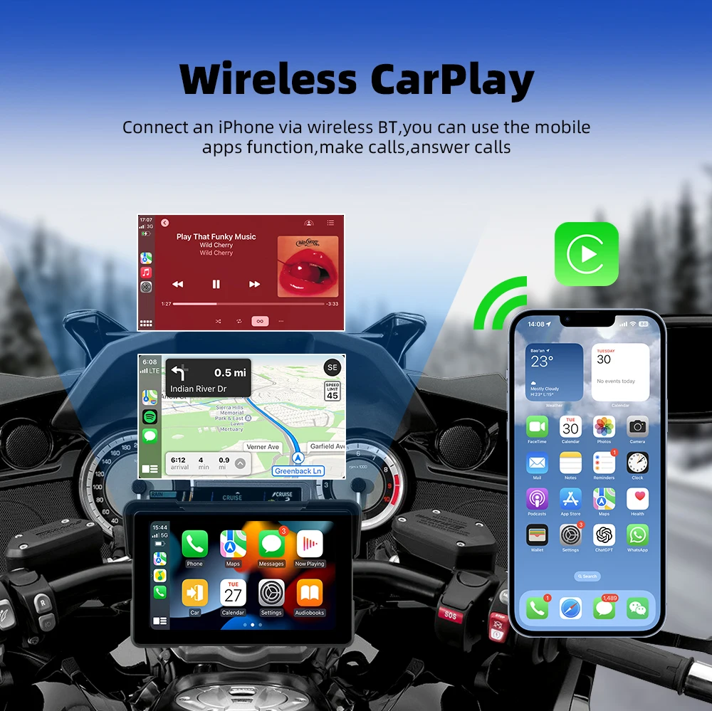 EKIY 7 Inch Motorcycle GPS Navigation with Wireless Apple Carplay