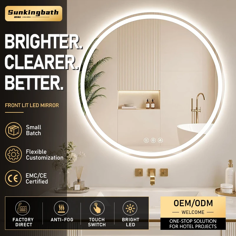 Bulk Supply Round Bath Mirrors Frameless Color Temperature Adjustable Led Mirror Circle Illuminated Bath Mirror with Led Light