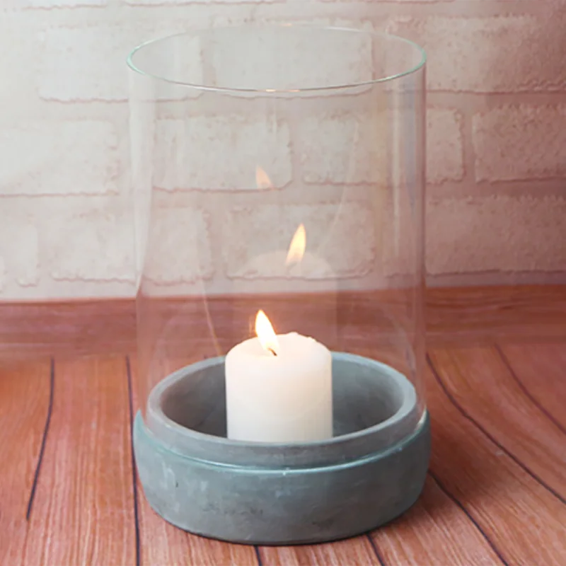 Retro Style Glass Candlestick Concrete Base Straight Hurricane Candle