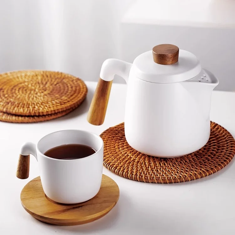 Nordic Creative Simple Ceramic Teapot With Wooden Handle Kitchen Tea Pot Water Kettle  Restaurant Teaware Drinkware