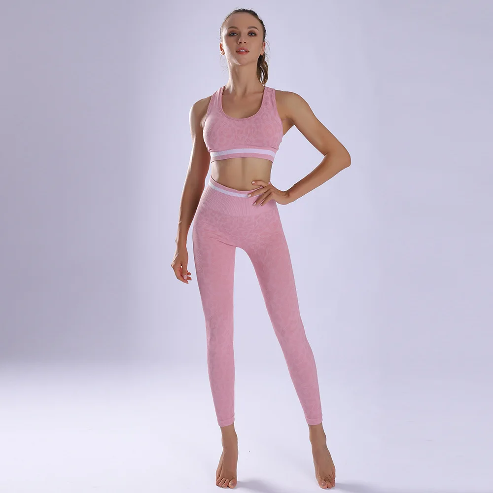 Womens Pink Seamless Fitness Leggings And Top Gym Set Activewear –