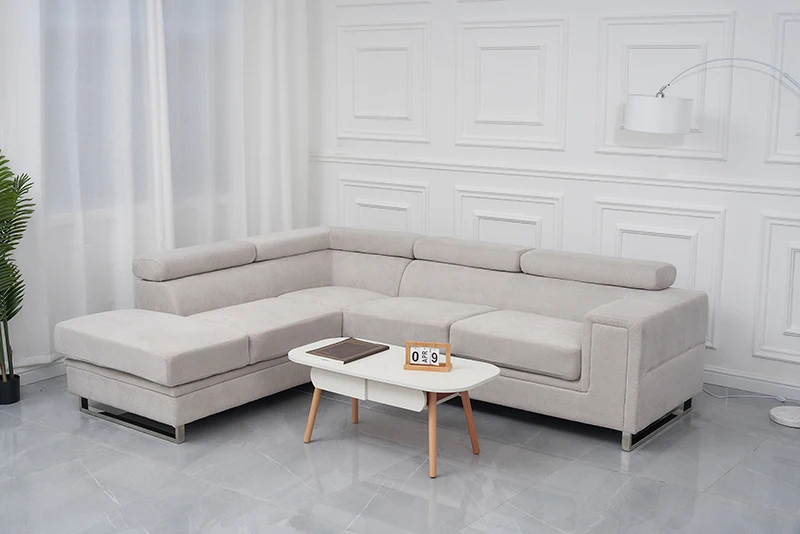 Modern Corner Sofa Grey Chaise Couch L Shaped Living Room Fabric Sofa Headrest Adjustable