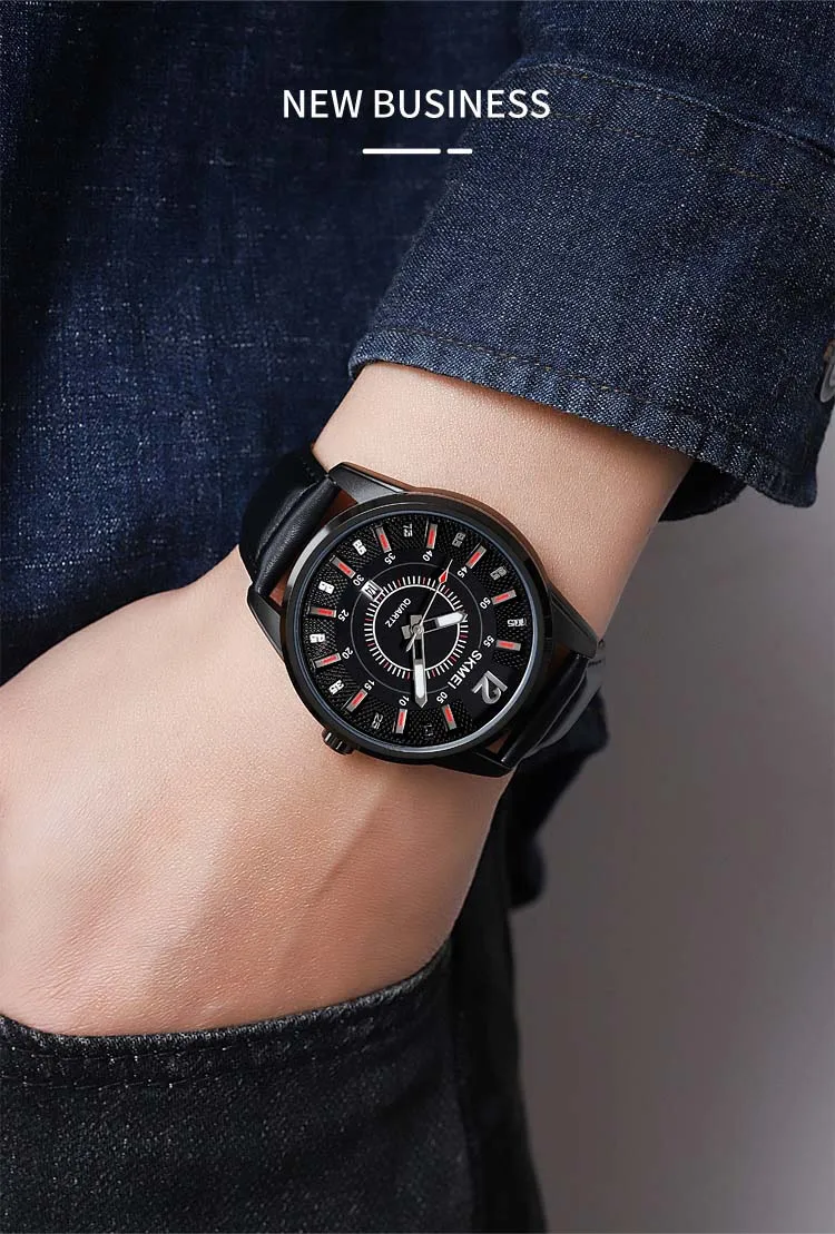 SKMEI 1993 New Arrival Gents Quartz Watch Low Cost Genuine Leather Strap Water Resist Date Display Simple Casual Wrist Watch
