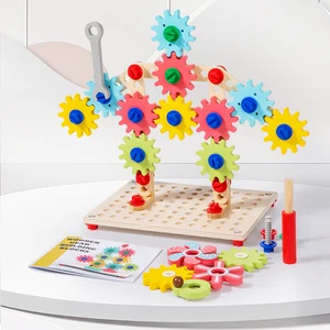 Educational Toy Wooden Diy Gear Assembled Combination Board Game Wooden Screw Puzzle Toys with Cards