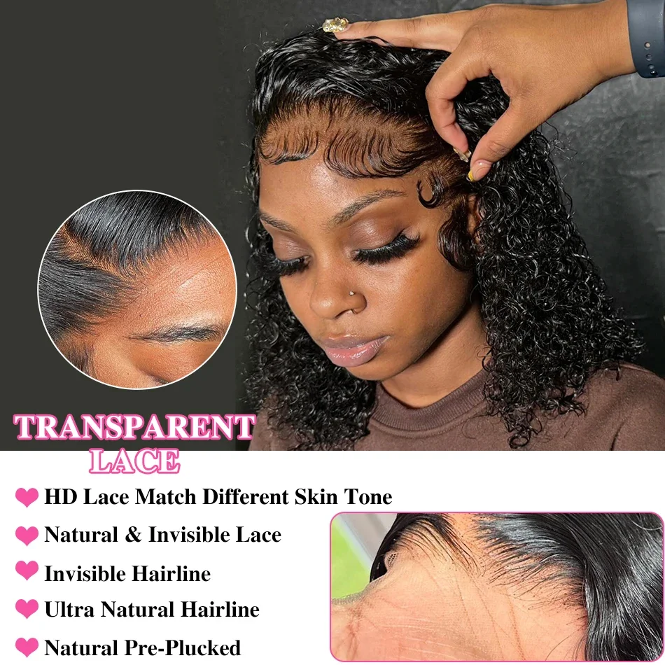 Peruca curta de cabelo humano com renda frontal, cacheada, solta, profunda, pré-arrancada, transparente, hd, onda d'água, frontal, para mulheres_voghion.com