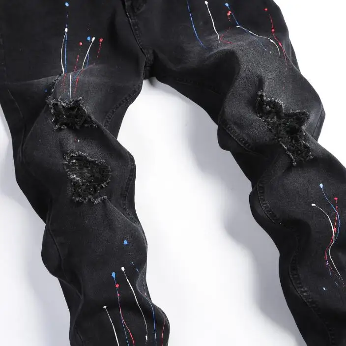 Men's distressed printed jeans hip hop streetwear spray paint denim pant stretch small leg jeans
