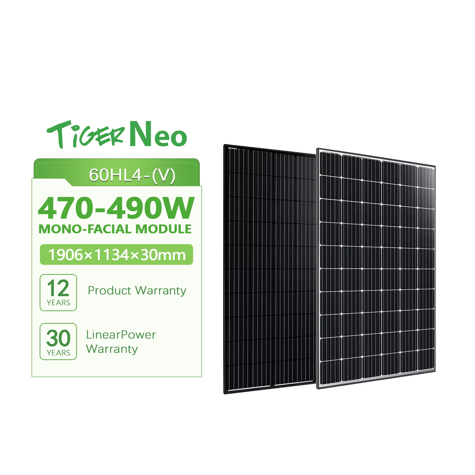 Jinko Tiger Neo 490W 60HL4 Mono-Facial Solar Panel | N-Type