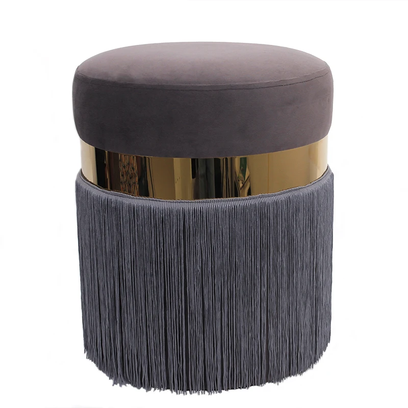 High Quality Living Room Furniture Velvet Designer Round Gold Ottomans Modern Pouf Cushion Stool with Tassels