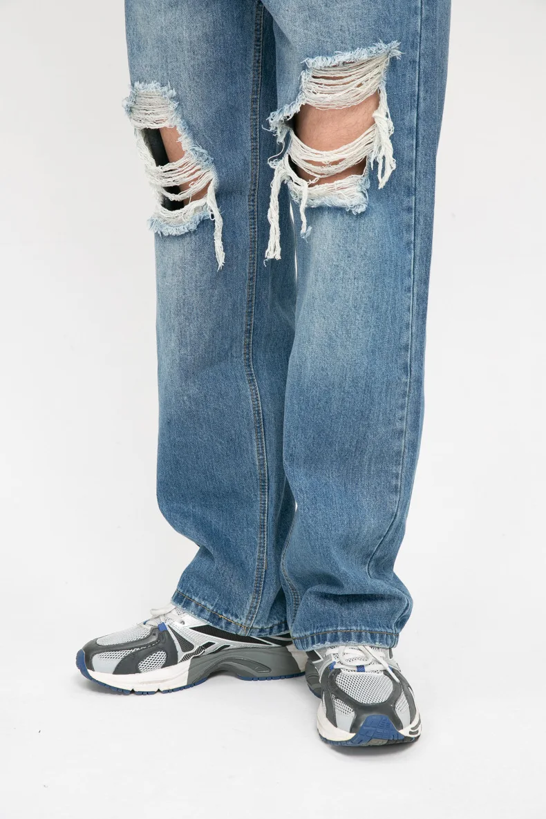 2024 Pantaloni rupți cu găuri la genunchi, design personalizat pentru bărbați, blugi distress de calitate albaștri_voghion.com
