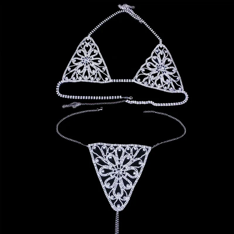 Fashion Sexy Party Gold Plated Bikini Crystal Geometric Flower Lingerie Bra Panties Set Chain