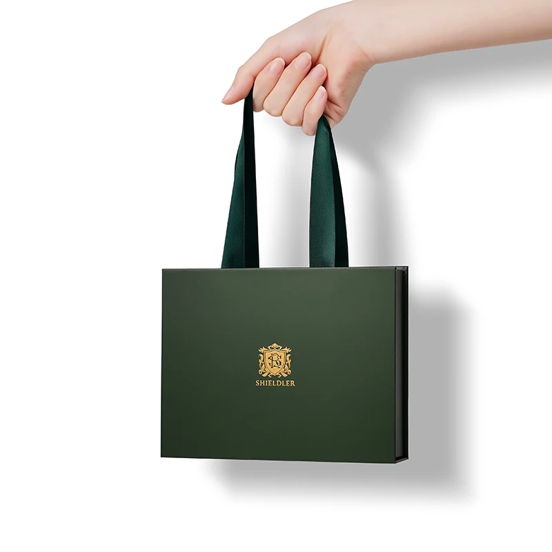 Luxury Matte Dark Green Magnetic Gift Box Silk Carry Handle Custom Gold Crest Logo Rigid Box for Jewelry Watch Gift Packaging