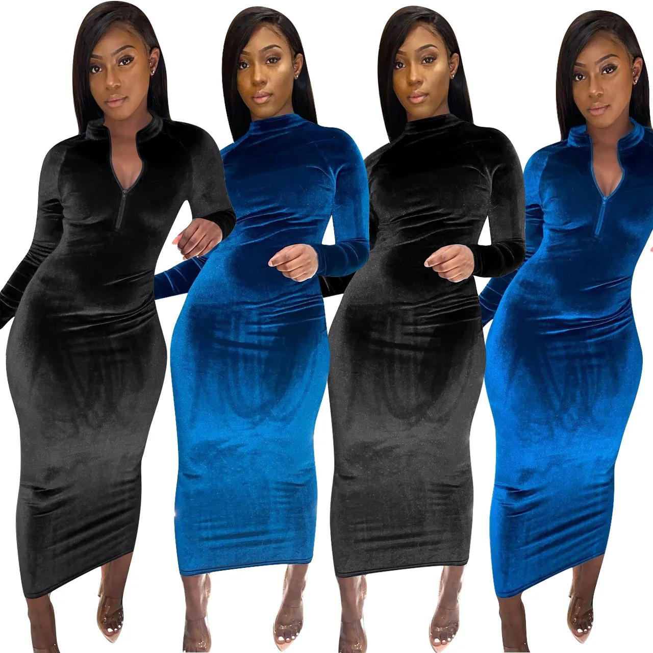 2021 Autunno Velluto Della Signora Delle Donne Di Modo Elegante Di Colore  Solido A Maniche Lunghe Collo Alto Chiusura Lampo Dei Pantaloni Stretti  Abiti Lunghi Per Le Donne Abbigliamento - Buy Autunno