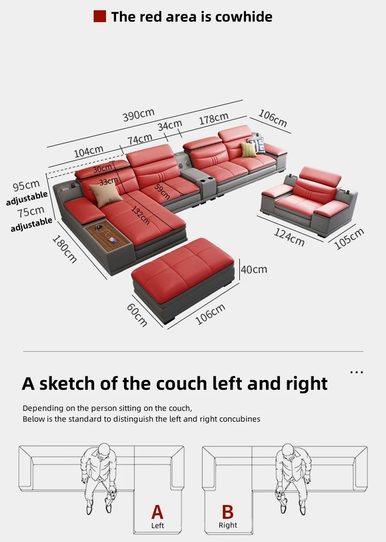 Modern Luxury Living Room Leather Sofa L Shaped Multifunctional Big