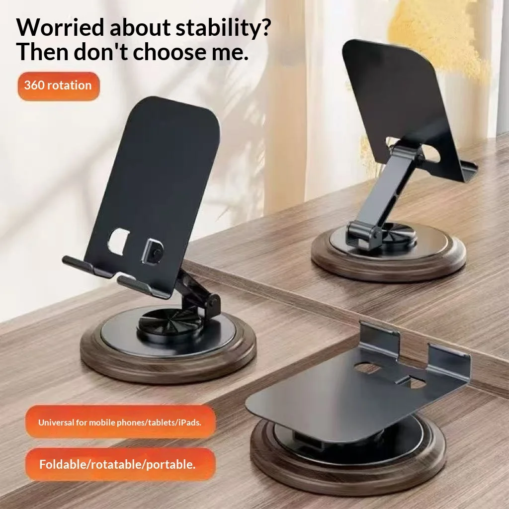 Nýr, þyngdarmikill símahalda úr valhnottrjá, standandi gerð, snúanlegur um 360 gráður, foldanlegur og færilegur skrifborðshalda fyrir bein útsendingar