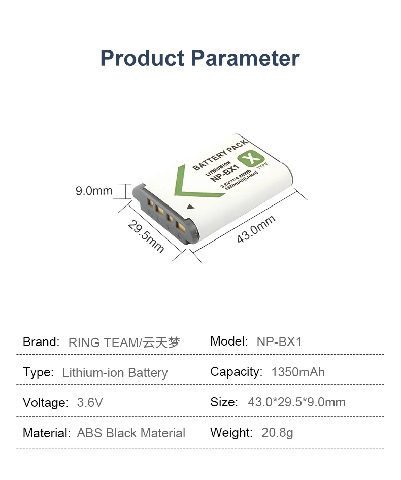 3.6V 1350mAh NP-BX1 Rechargeable Digital Battery NPBX1 Lithium-ion Batteries for Sony HDR-AS20 AS100V AS30V PJ410 CX405 Cameras details
