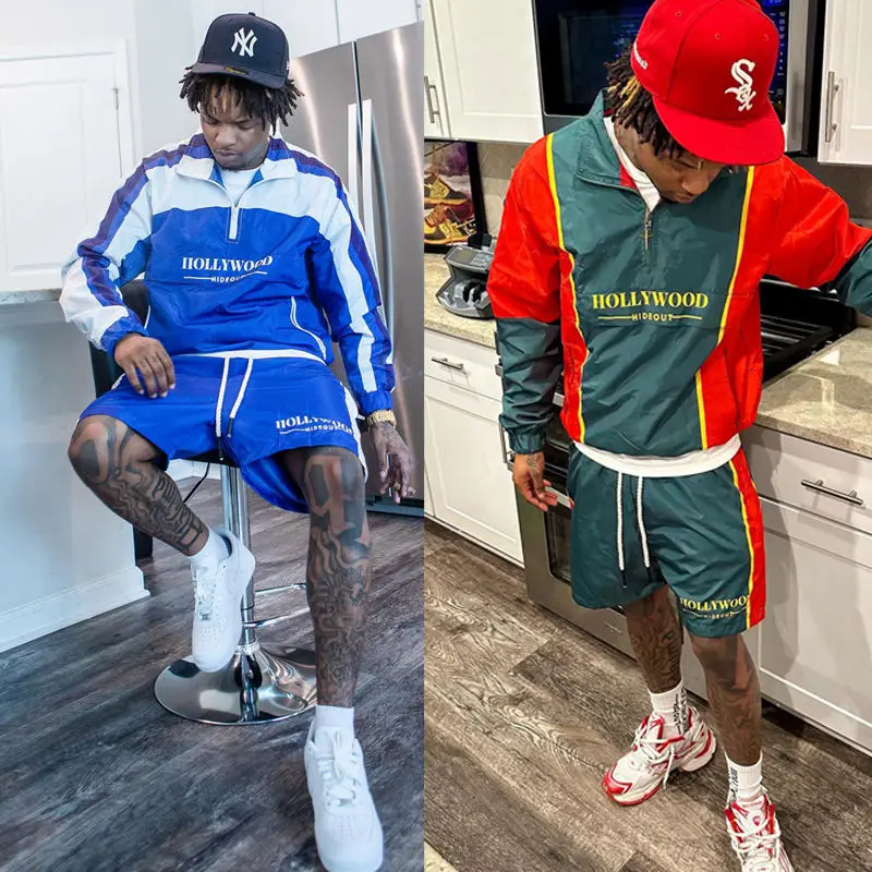 Custom Wholesale Casual 2 Piece Oversized Sweat Suits Sets Printed Zip up Polyester Jogger Mens Windbreaker Tracksuit Shorts Set gallery 5