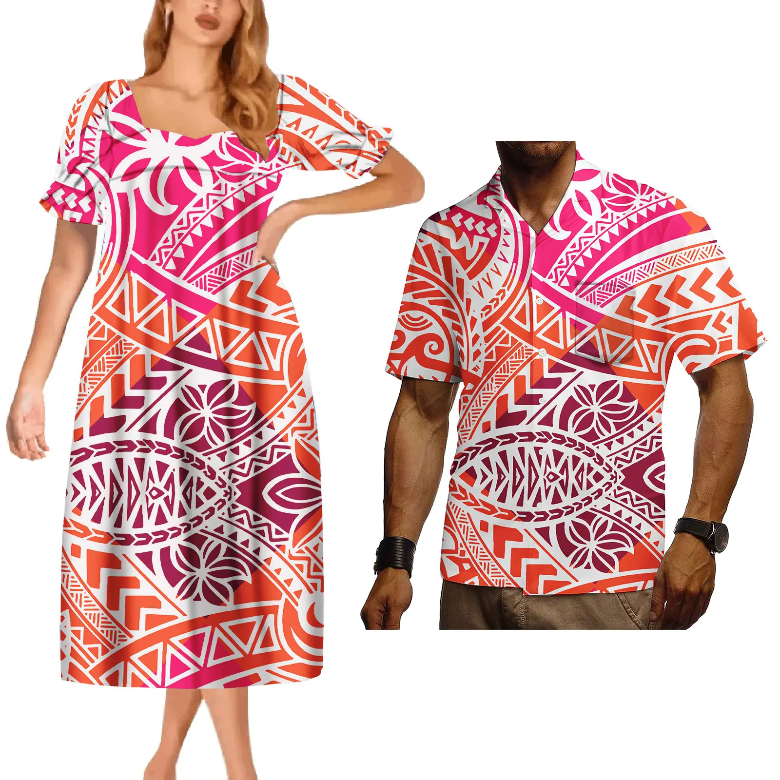 Custom On Demand Short Sleeve Summer Casual Polynesian Couple Set