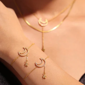 Ilona Wholesale Women's Jewelry Set 18K Gold Plated Stainless Steel Zirconia Star Moon Necklace and Bracelet Set Gift