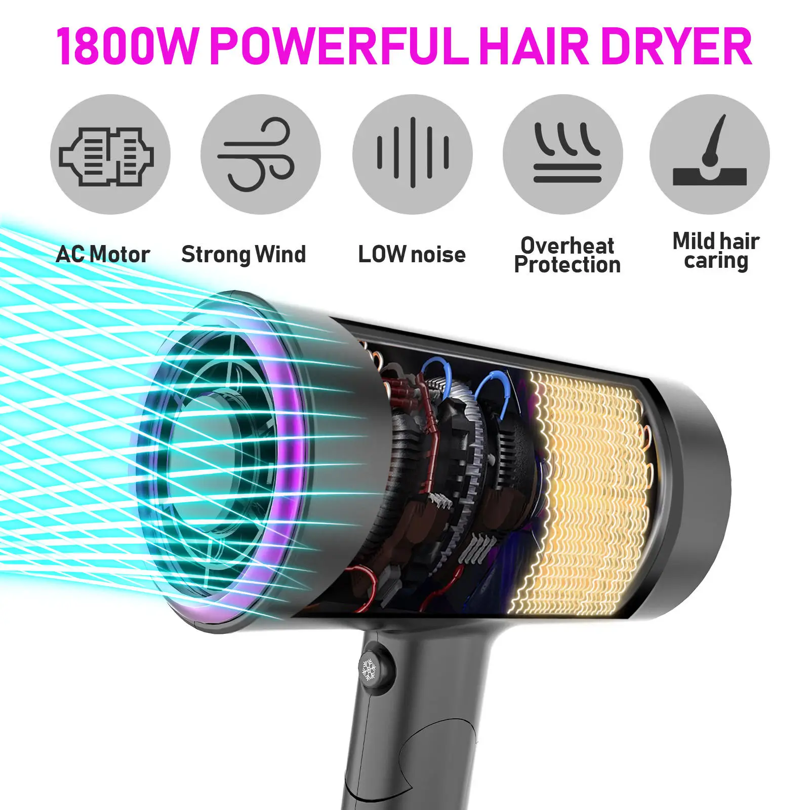 New Style Folding Hair Dryer Professional Strong Wind Super Ionic 1800W Negative Ion Blow Dryer