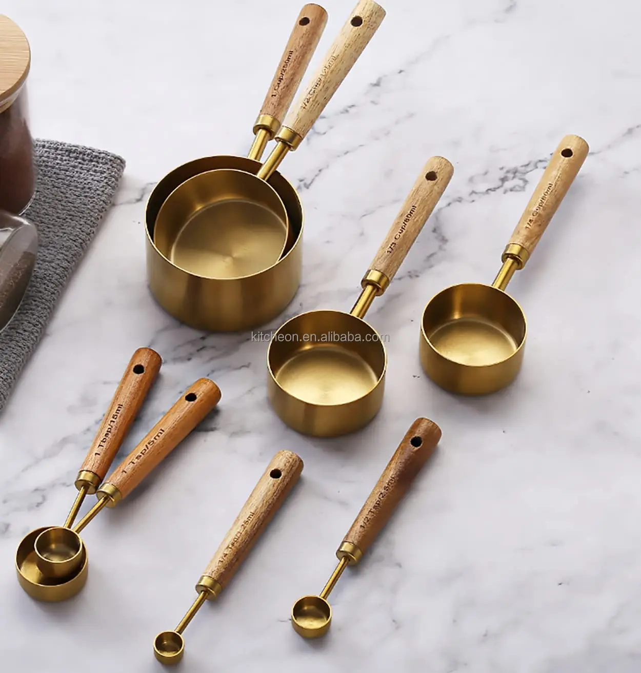 Hot Sale Set of 8 Golden Measuring Cups and Spoons with Wooden Handle ...