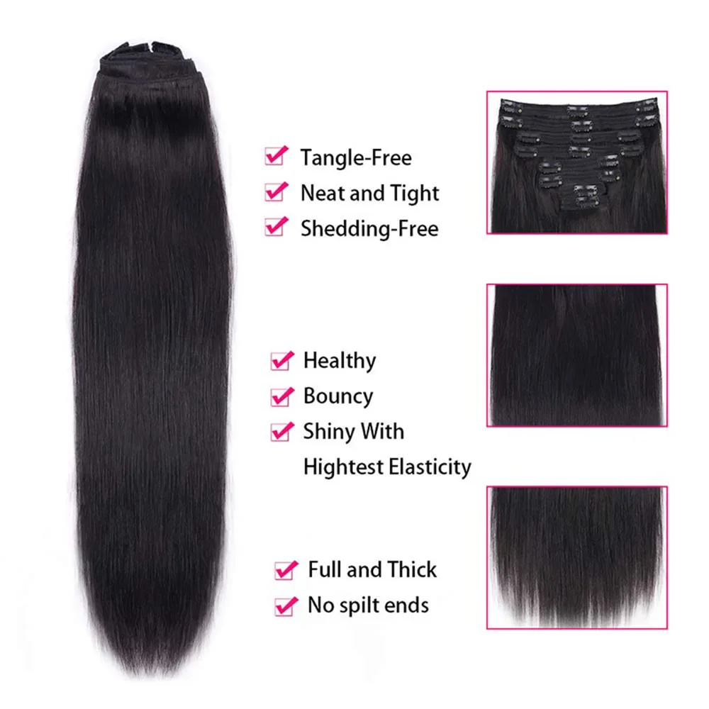 120 gramas Clip In Hair Extension 18 Clips 100% Remy Natural Human Hair Clip-On HairPiece Cabeça inteira 14-28 polegadas 1B para suprimentos de salão_voghion.com
