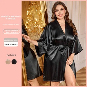 Cross-Border Plus-Size Women's Ice Silk Mid-Length Cardigan Bathrobe Elastic Waist Satin Material Casual Front Sexy Home Summer