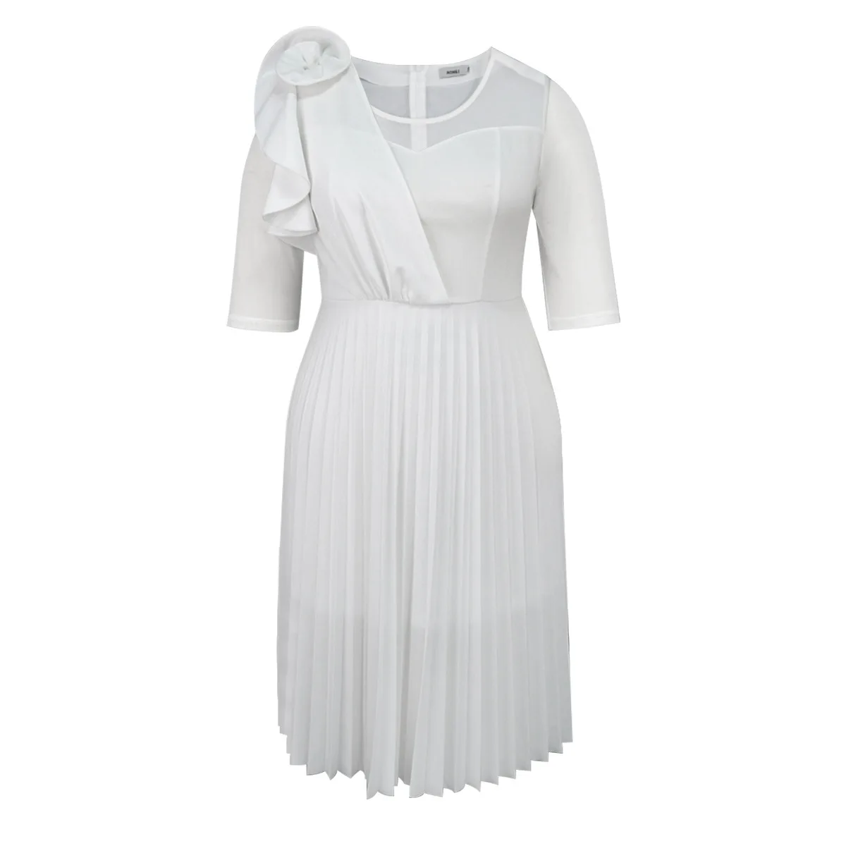 Pure White Sheer Sleeve Pleated Dresses Women's New Party Banquet Party  Dress