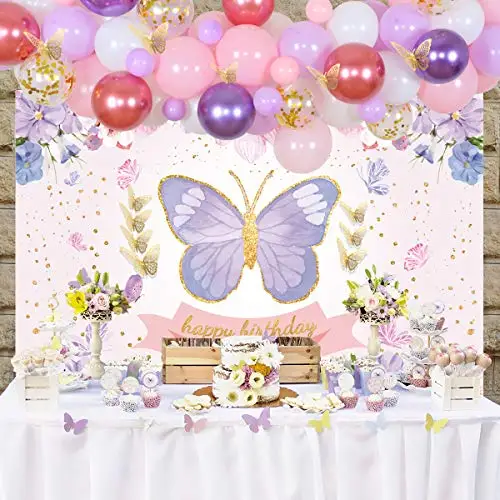 Décorations d'anniversaire papillon Kit de guirlande de ballons papillons  violets avec rideau à franges, bannière joyeux anniversaire, autocollants  papillons pour femmes Décorations de fête de jardin de fées de printemps 