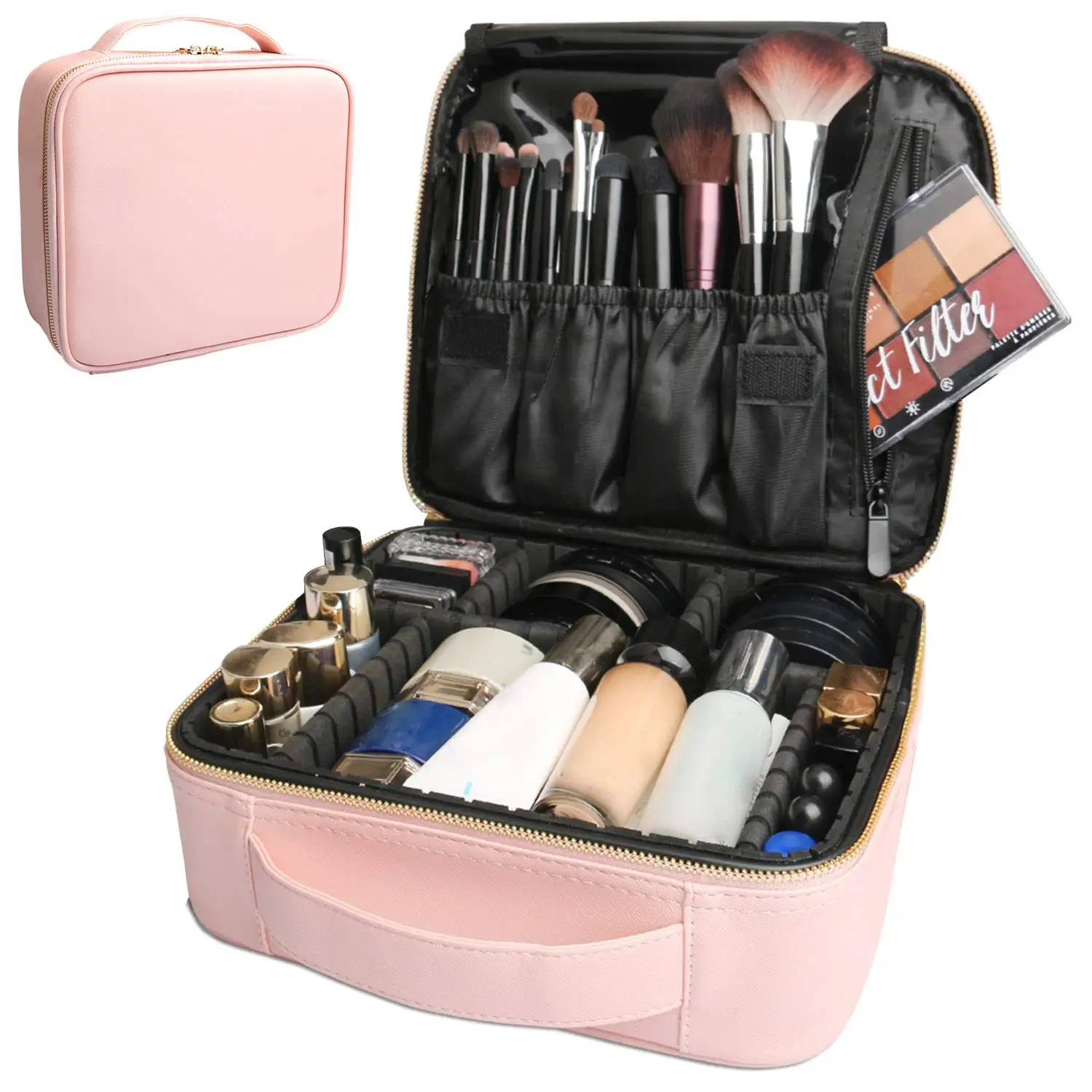 LUXOURIA Makeup Bag for Women Large Cosmetic Bag Leather Train Case  Professional Makeup Case Cute Travel Makeup Organizer with Brush Section &  Removable Dividers 